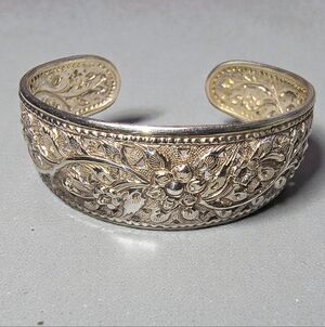 Sterling Silver Floral Design Artisan Cuff Bracelet